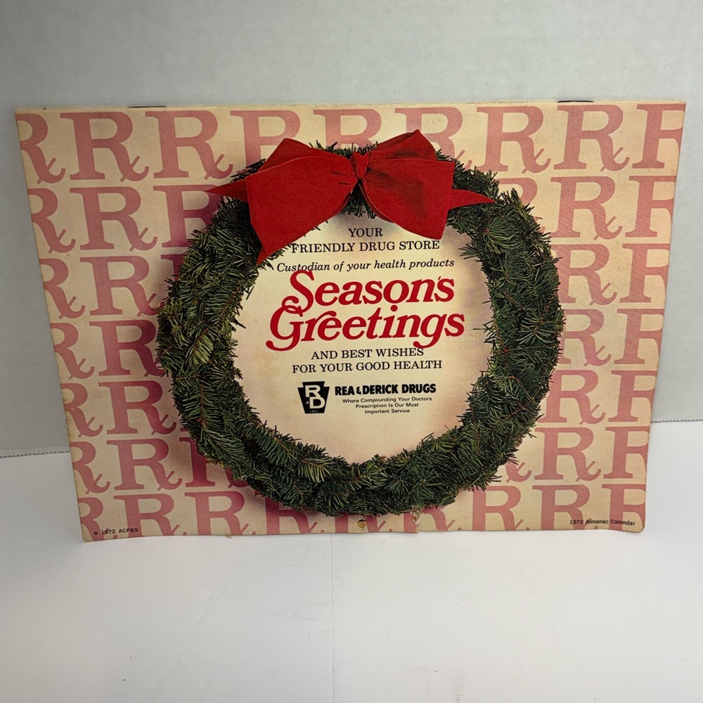 VTG Advertisement Calendar Rea & Derick Drugs Seasons Greetings 1972 Graphics